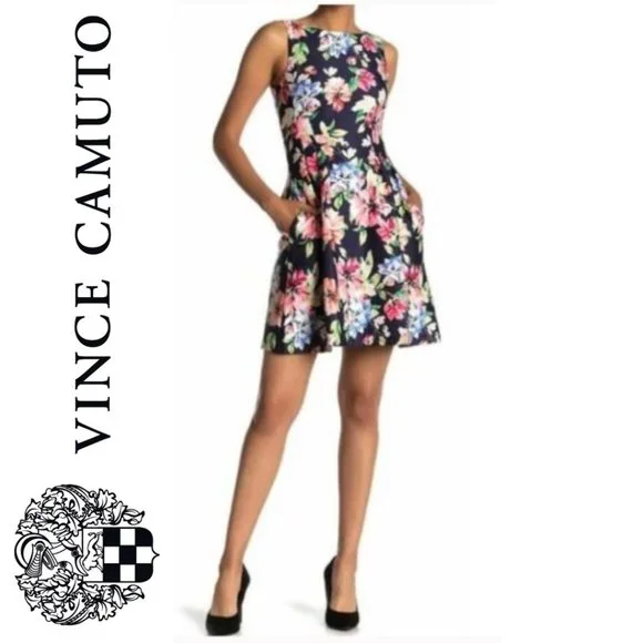 green emerald velvet dress Vince Camuto Women's Print Scuba Fit & Flare Dress Blue Combo 6 main image 0